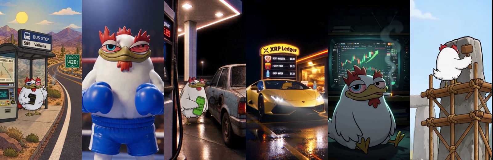 Stills from Flare's AI Bert videos: bus stop, boxing ring, gas station, drive-thru, chart, Stonehenge